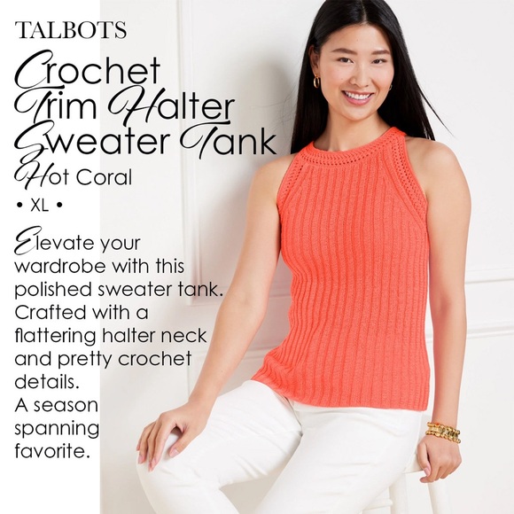 Talbots Coral Crochet Trim Halter Sweater Tank Hot Coral - Picture 1 of 5